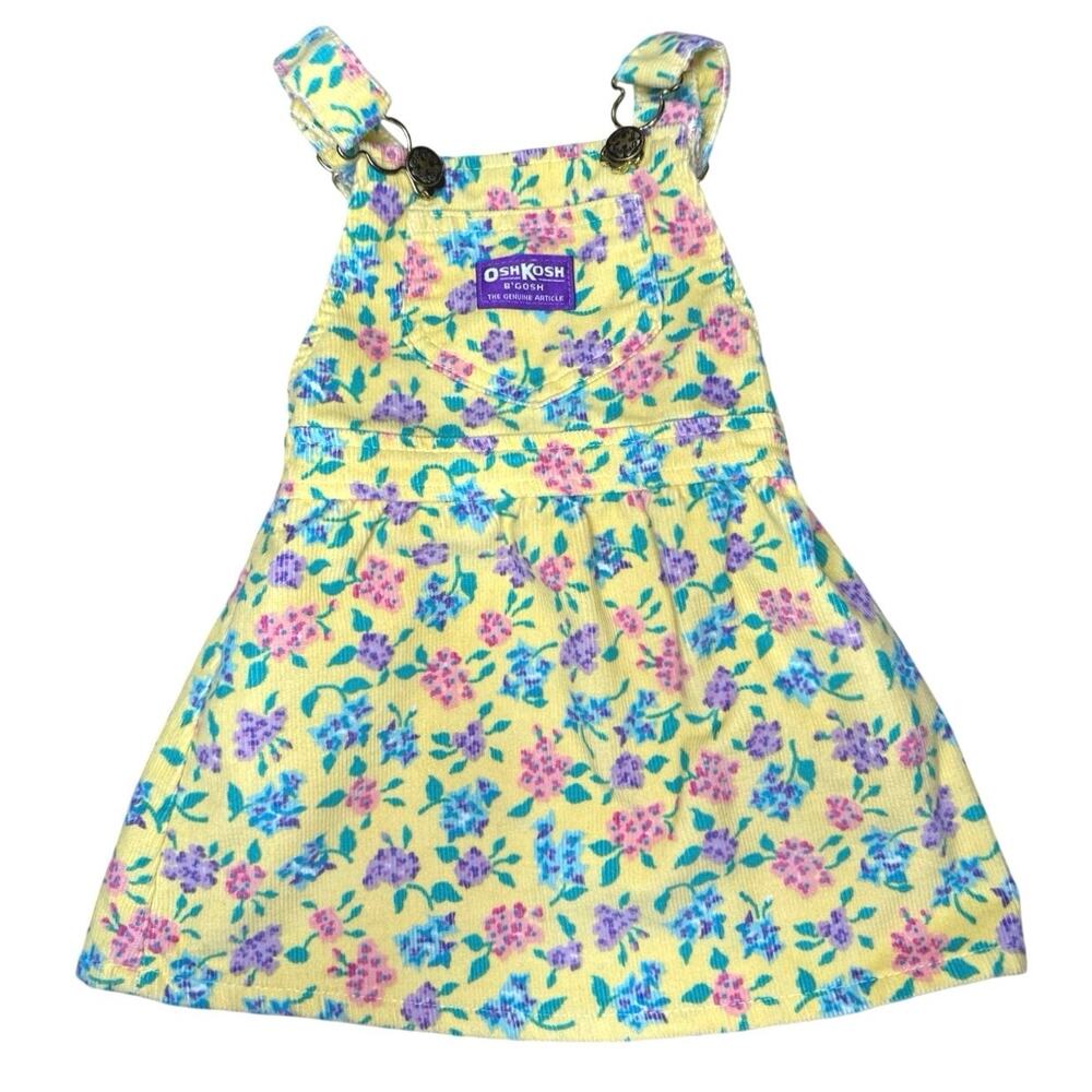 Vintage 80s 90s OshKosh B'gosh Girls 2T Yellow Floral Corduroy Overall Dress